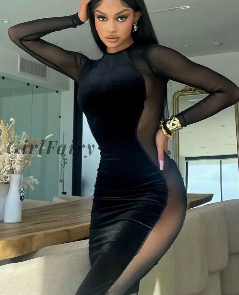 Girlfairy Solid Mesh Patchwork Long Sleeves See Through Bodycon Maxi Dress Fall Winter Women Outfits
