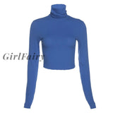 Girlfairy Solid Rib Knit Turtleneck Long Sleeve Crop Tops Black Blue Sexy Fashion Women Winter