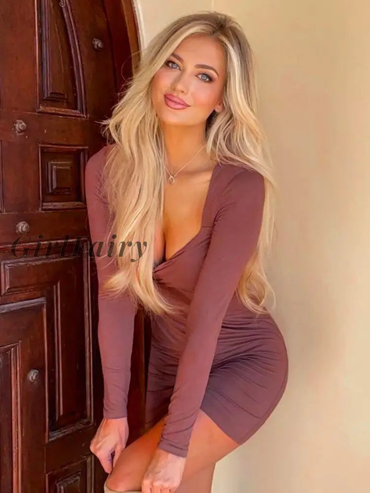 Girlfairy Solid Strapless Ruched Woman Dress Brown Long Sleeve Casual Elegant Women Winter Slim