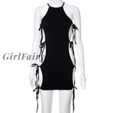 Girlfairy Solid Vintage Sexy Women Mini Dress Hollow Out Bandage Party O-Neck Skinny Dresses Summer