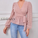 Girlfairy Spring Autumn V Neck Wrap Blouses Women Long Sleeve Casual Office Tops Female Solid Ruffles Pink Blouses Elegant Lace Up Work Tops