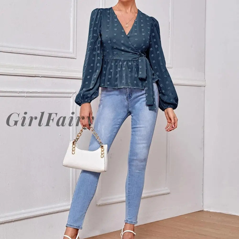 Girlfairy Spring Autumn V Neck Wrap Blouses Women Long Sleeve Casual Office Tops Female Solid