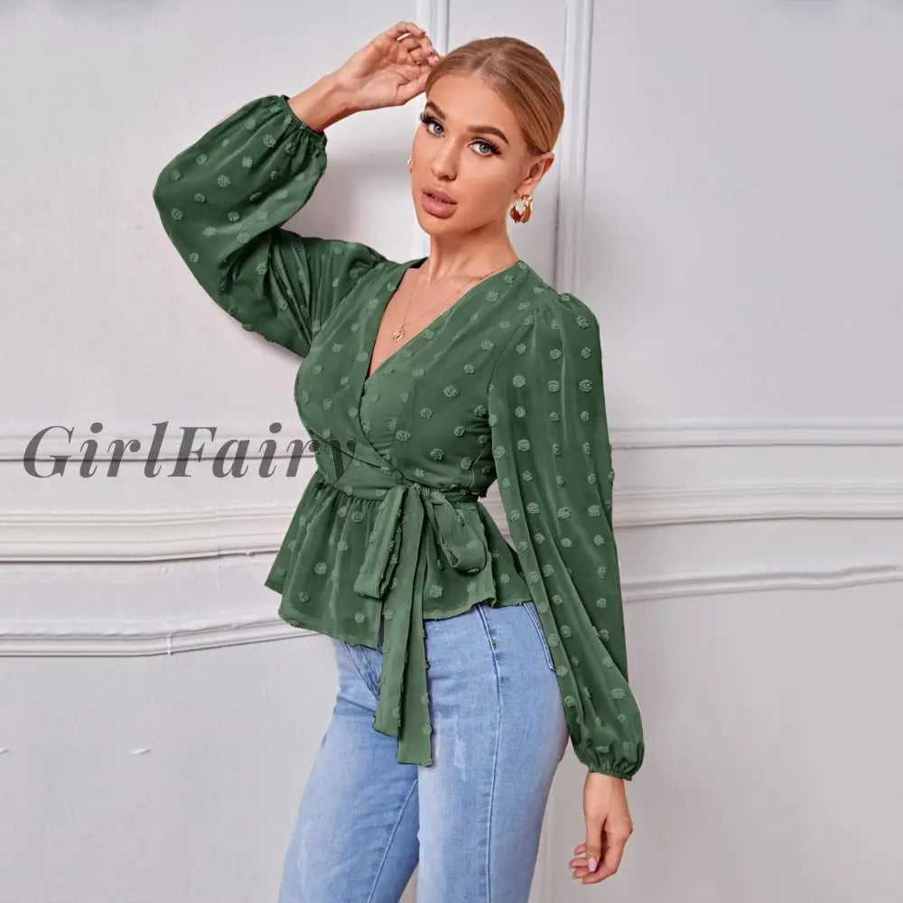 Girlfairy Spring Autumn V Neck Wrap Blouses Women Long Sleeve Casual Office Tops Female Solid