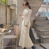 Girlfairy Spring Autumn Womens Dress Korean Retro Solid Color High-Neck Knitted Long-Sleeved New