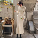 Girlfairy Spring Autumn Womens Dress Korean Retro Solid Color High-Neck Knitted Long-Sleeved New