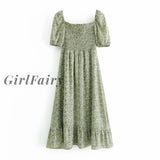 Girlfairy Spring Summer Women Midi Dress Vintage Floral Print Short Sleeves Chiffon Long Lining