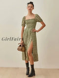 Girlfairy Spring Summer Women Midi Dress Vintage Floral Print Short Sleeves Chiffon Long Lining