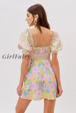 Girlfairy Square Collar Floral Print Mini Dress Bohemian Puff Sleeve Ruched Woman Summer Autumn