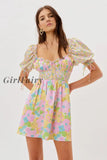 Girlfairy Square Collar Floral Print Mini Dress Bohemian Puff Sleeve Ruched Woman Summer Autumn