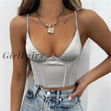 Girlfairy Staghetti V Neck Satin Corset Top With Straps 2023 Summer Floral Print Clothes Blue