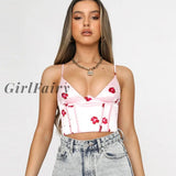 Girlfairy Staghetti V Neck Satin Corset Top With Straps 2023 Summer Floral Print Clothes Blue