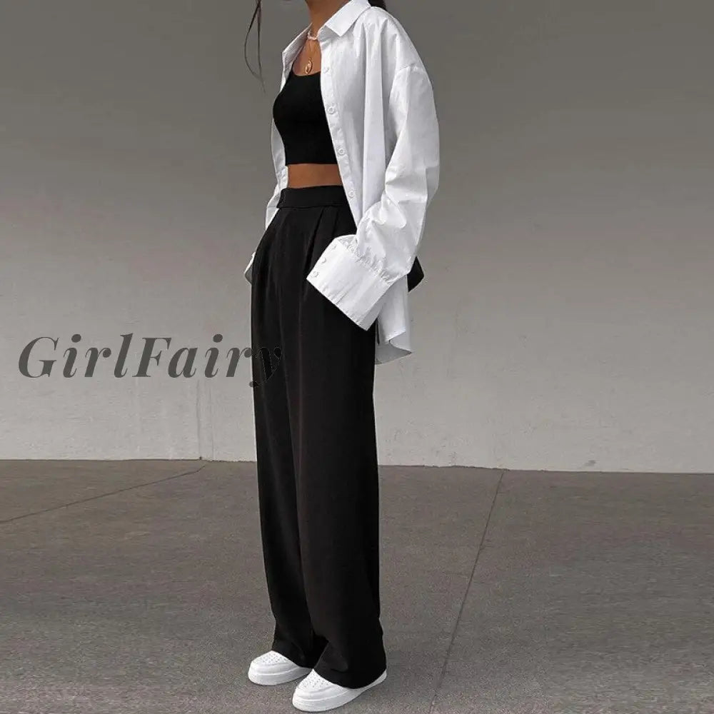 Girlfairy Street Fashion Black Straight Long Pants Women Clothing High Waisted Wide Leg Trousers