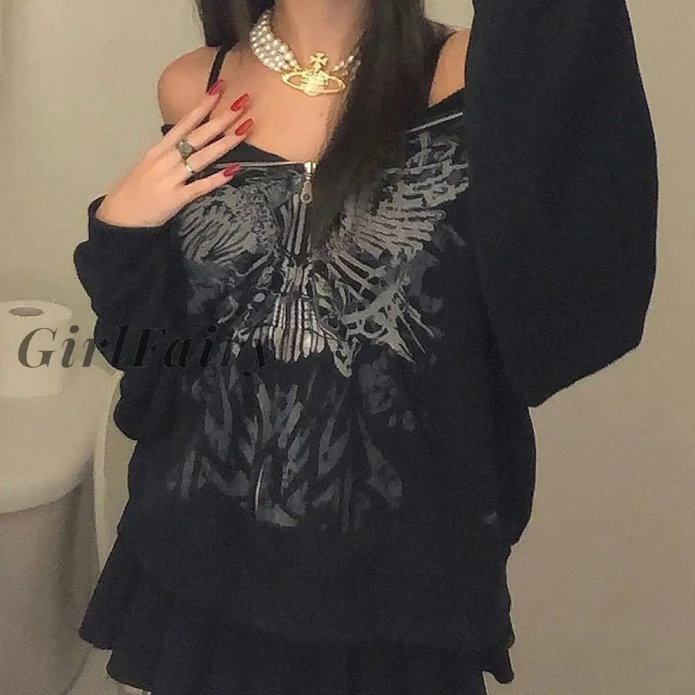 Girlfairy Streetwear Grunge Gothic Printed Oversized Hoodies Autumn Jacket Coat Dark Academia Zip Up
