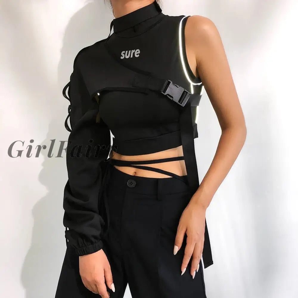 Girlfairy Streetwear Neon Halter Sweatshirt Hoodie Buckle Reflective Smock One Shoulder Womens