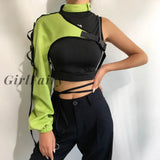Girlfairy Streetwear Neon Halter Sweatshirt Hoodie Buckle Reflective Smock One Shoulder Womens