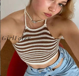 Girlfairy  Striped Color Block Knitted Crochet Camisole Casual Women Halter Tied Up Crop Tops Summer Street Beach Backless Tops