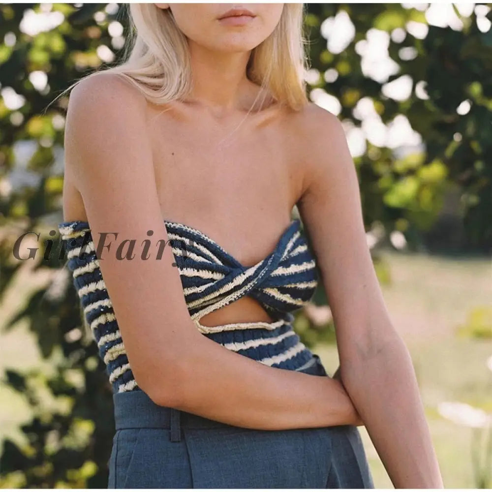 Girlfairy Striped Knitted Crop Women Sleeveless Cross Cut Out Off Shoulder Summer Strapless Wrap