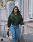 Girlfairy Stylish Lady Autumn Winter Za Green Short Jackets Women Fashion Long Sleeve Zipper Bomber