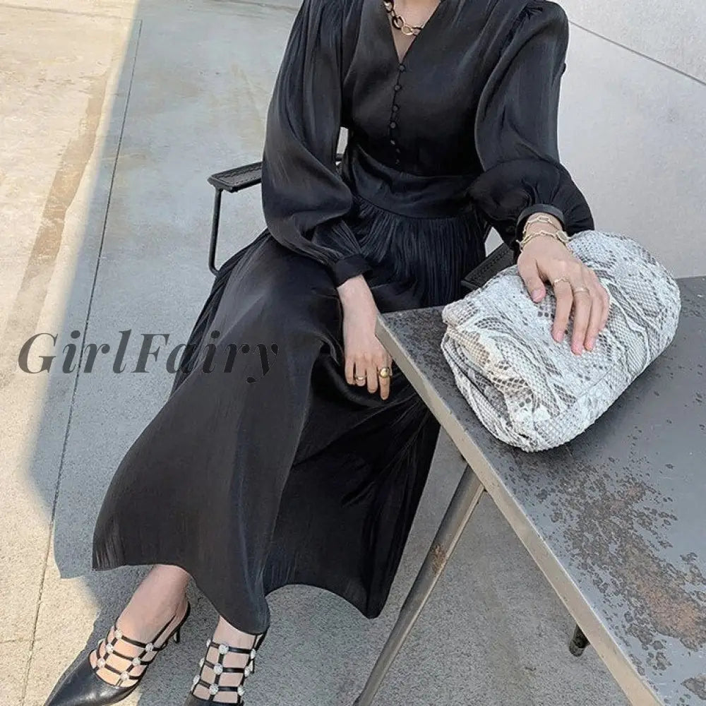 Girlfairy Stylish V-Neck Single-Breasted Women Dress Elegant Slim Waist Lace-Up Female Mid-Length