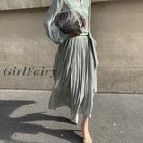 Girlfairy Stylish V-Neck Single-Breasted Women Dress Elegant Slim Waist Lace-Up Female Mid-Length