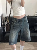 Girlfairy Summer American Vintage Denim Pants Loose Casual Knee Length Jean Shorts Wide Leg Kpop Y2K