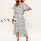 Girlfairy Summer Beach Maxi Dress Women Floral Print Boho Long Chiffon Ruffles Wrap Casual V-Neck