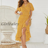 Girlfairy Summer Beach Maxi Dress Women Floral Print Boho Long Chiffon Ruffles Wrap Casual V-Neck