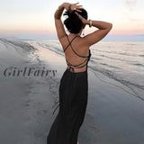 Girlfairy Summer Beach Sexy Backless Bandage Midi Dress For Women Drawstring Ruched Slit Elegant