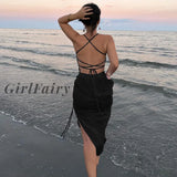 Girlfairy Summer Beach Sexy Backless Bandage Midi Dress For Women Drawstring Ruched Slit Elegant
