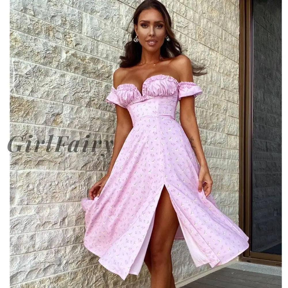 Girlfairy Summer Dress Vestidos 2023 New Floral Printed Off The Shoulder Bodycon Clubwear House Of
