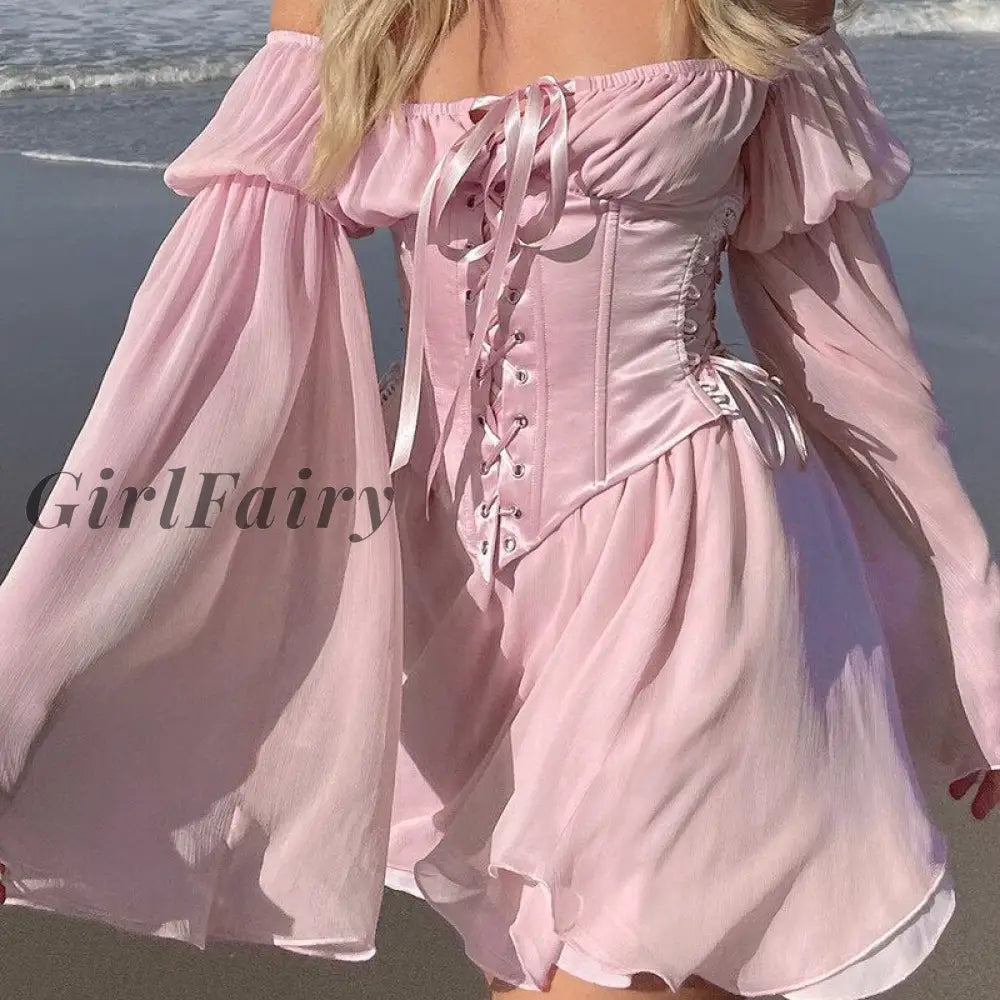 Girlfairy Summer Dress Women Sundress Causal New Arrival Off The Shoulder Chiffon Pink Celebrity
