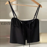 Girlfairy Summer Front Bandage Button Up Crop Tops Sexy Low Cut Folds Strap Camisole Chic Women