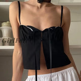 Girlfairy Summer Front Bandage Button Up Crop Tops Sexy Low Cut Folds Strap Camisole Chic Women Elegant Backless Tank Vest Y2K Vintage