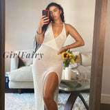 Girlfairy Summer New Fashion V-Neck Dew Female Party Dress With Back Lace Perspective Hook Flower