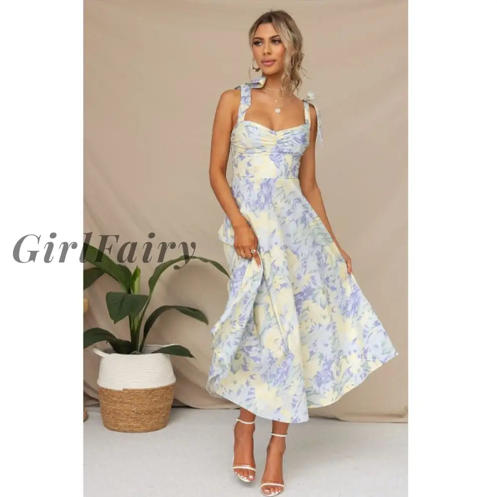 Girlfairy Summer New Slimming Thin Waist V-Neck Suspenders Printed Mid-Length Dress Womens Fake Club