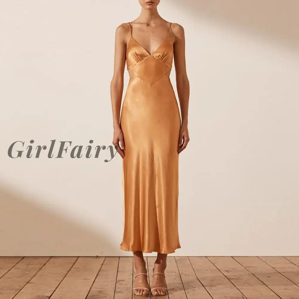 Girlfairy Summer New Womens Sexy Satin V-Neck Party Dress Halter Strap Solid Color Sling Long Skirt