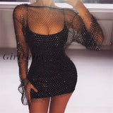 Girlfairy Summer Sexy Sequin Mesh Patchwork Dress Women Crochet Hollow Out Rhinestone Long Sleeve Party Club See Through Wrap Mini Dresses