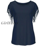 Girlfairy Summer Short Sleeve Tassel Fashion T-Shirt Woman Simple Crew Neck Basic Tops New Leisure
