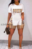 Girlfairy Summer Women Shorts Suit Sets Short Sleeve Round Neck Plaid Letter Print Split Hem Top And