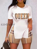 Girlfairy Summer Women Shorts Suit Sets Short Sleeve Round Neck Plaid Letter Print Split Hem Top And