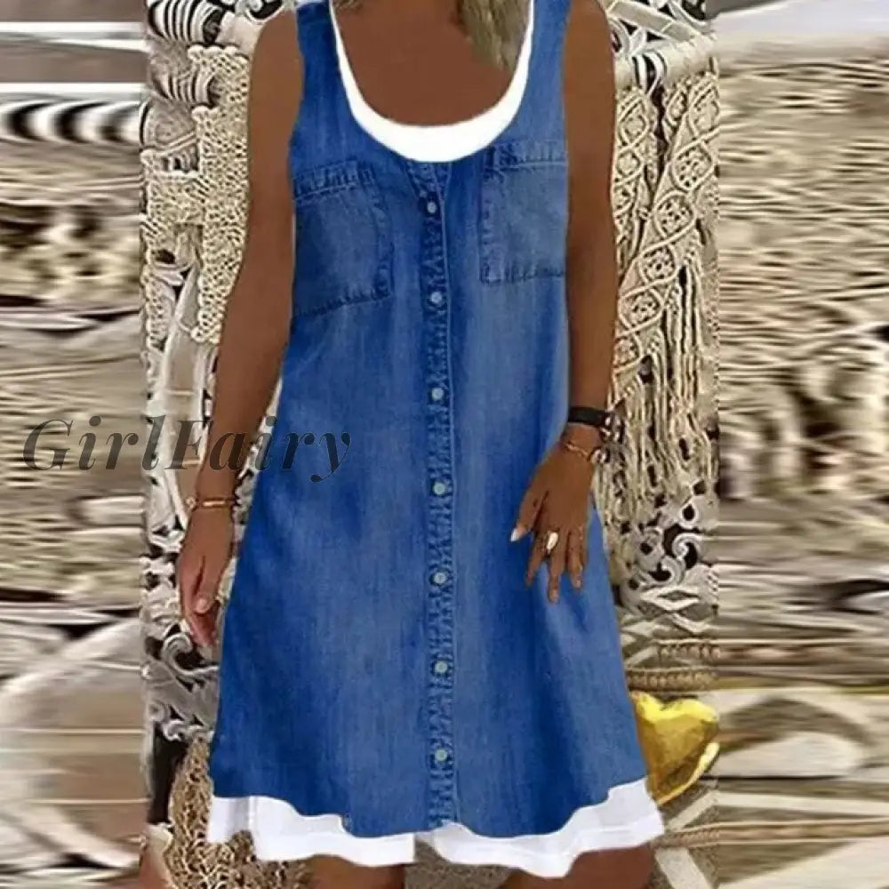Girlfairy Summer Women Tank Dress 2023 Casual Sleeveless Floral Print Splice O Neck Mini Retro Denim