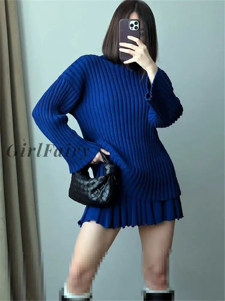 Girlfairy Sweater Dress Sets Women Two Piece Pullover Tops And Pleated Mini Skirts Knitted Casual