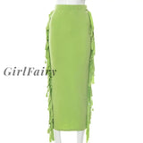 Girlfairy Tassel High Waist Maxi Skirt Women Fashion Solid Fringe Bodycon Package Hip Ladies Casual
