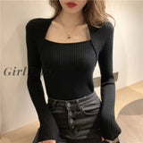 Girlfairy Temperament U-neck slim-fit sweater 2023 spring and autumn new slim bottoming sweater women