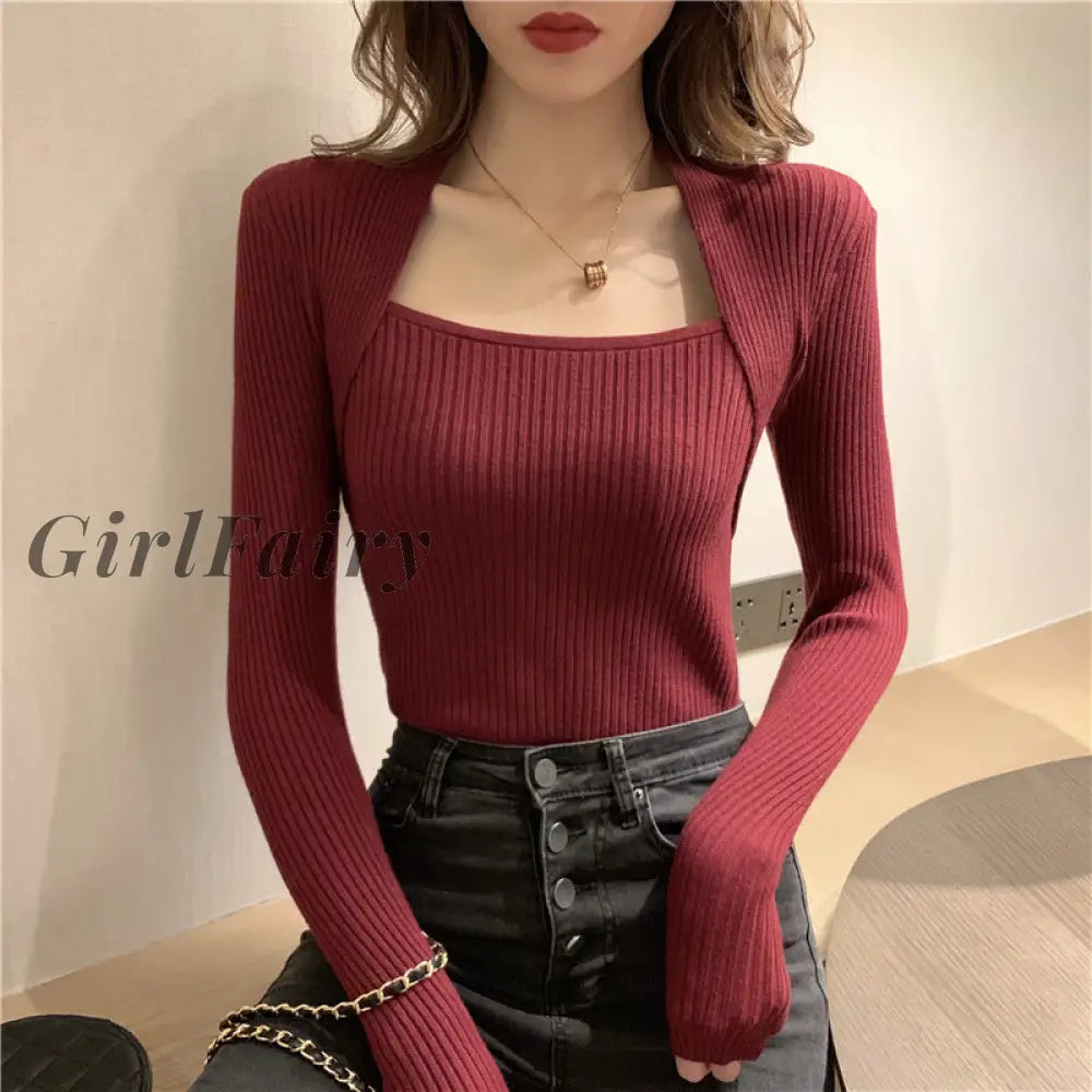 Girlfairy Temperament U-Neck Slim-Fit Sweater 2023 Spring And Autumn New Slim Bottoming Women One