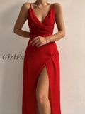 Girlfairy Thin New Strap Sexy Backless Wrap Midi Dress Slit Gown Outfits Women Draped Dresses