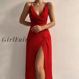 Girlfairy Thin New Strap Sexy Backless Wrap Midi Dress Slit Gown Outfits Women Draped Dresses