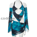 Girlfairy Tie Dye Print Two Piece Set Women Summer Sexy Halter Top Long Sleeve Backless Casual