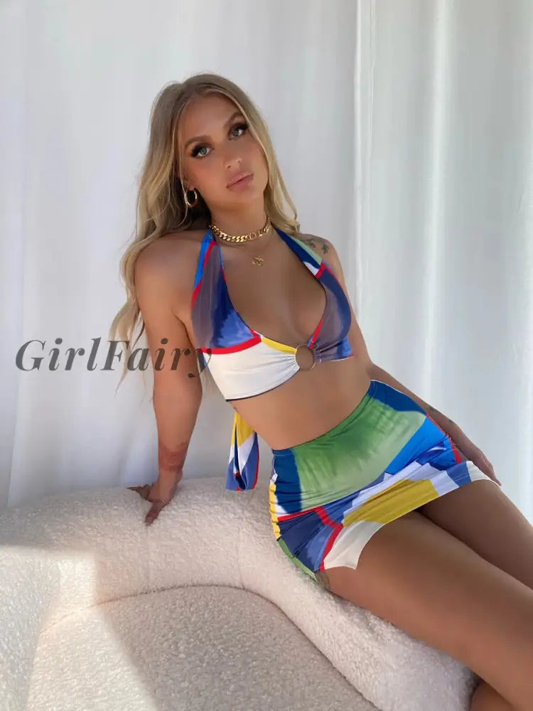 Girlfairy Tie Dye Printed Mini Dress Festival Outfits Party Club For Women Backless Halter Cut Out