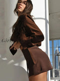 Girlfairy Turn-Down Collar Button Women Two Piece Set Brown Long Sleeve Top High Waist Skirt Autumn